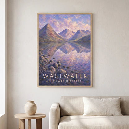 Wastwater travel poster in a natural frame, hanging in a living