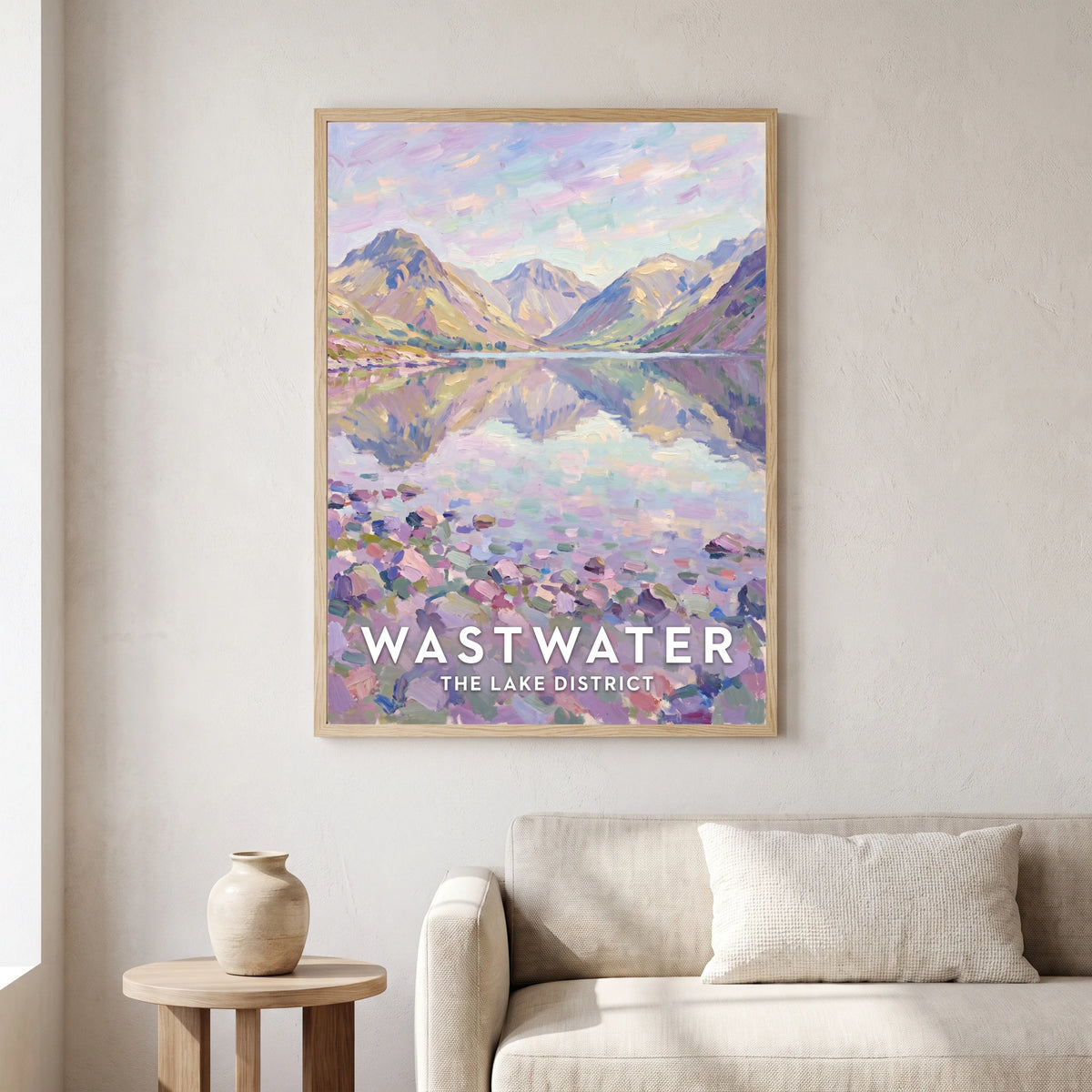 Wastwater travel poster in a natural frame, hanging in a living