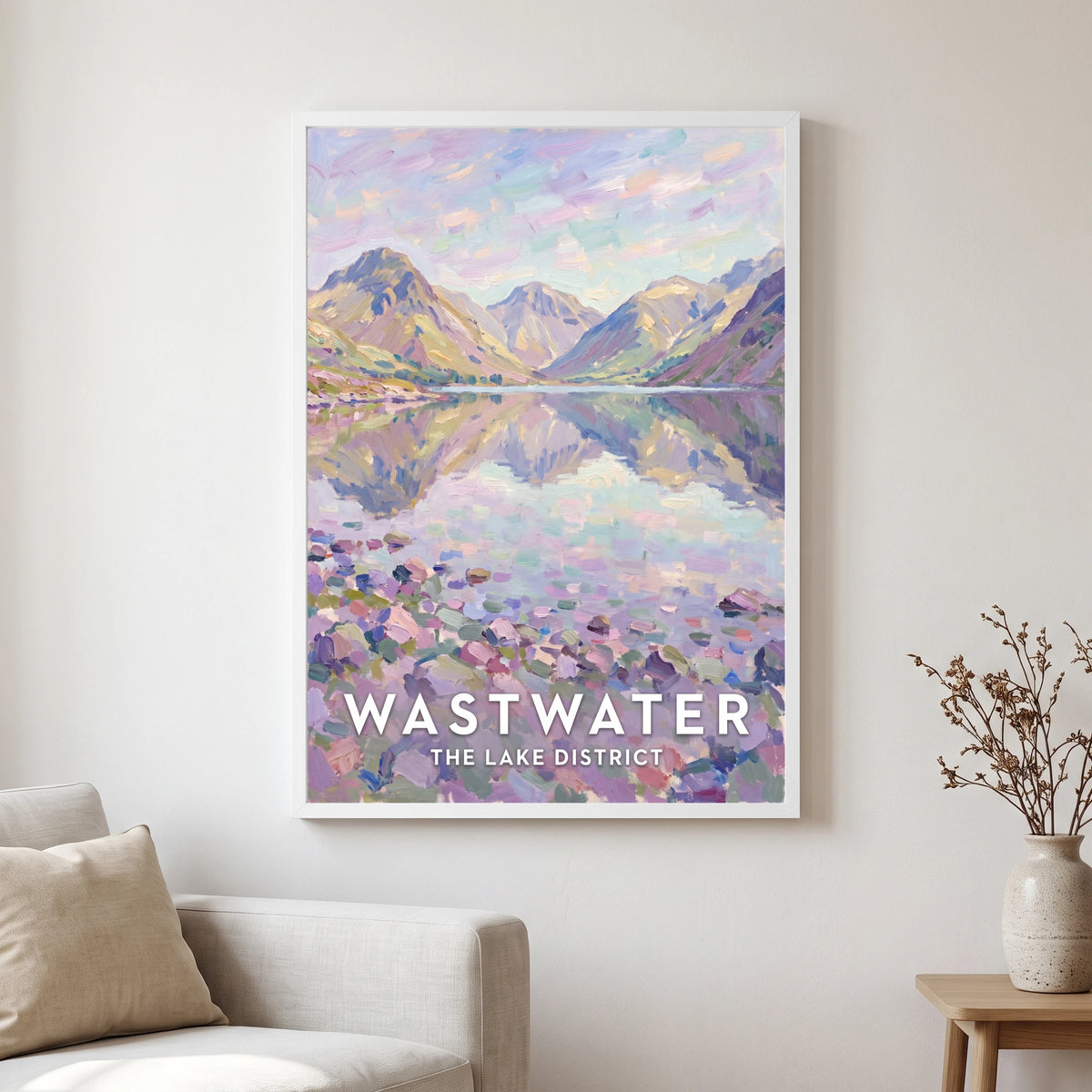 Wastwater travel poster in a white frame, hanging in a living2