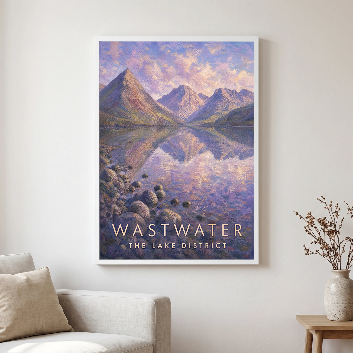 Wastwater travel poster in a white frame, hanging in a living2