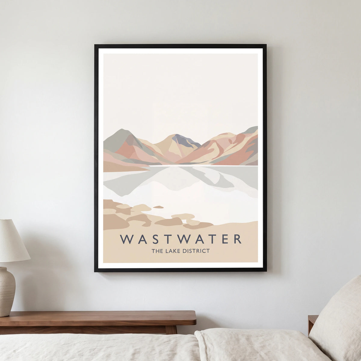 Wastwater travel poster in a black frame, hanging in a bedroom3