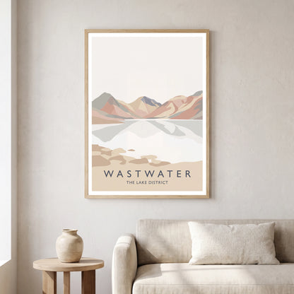 Wastwater travel poster in a natural frame, hanging in a living