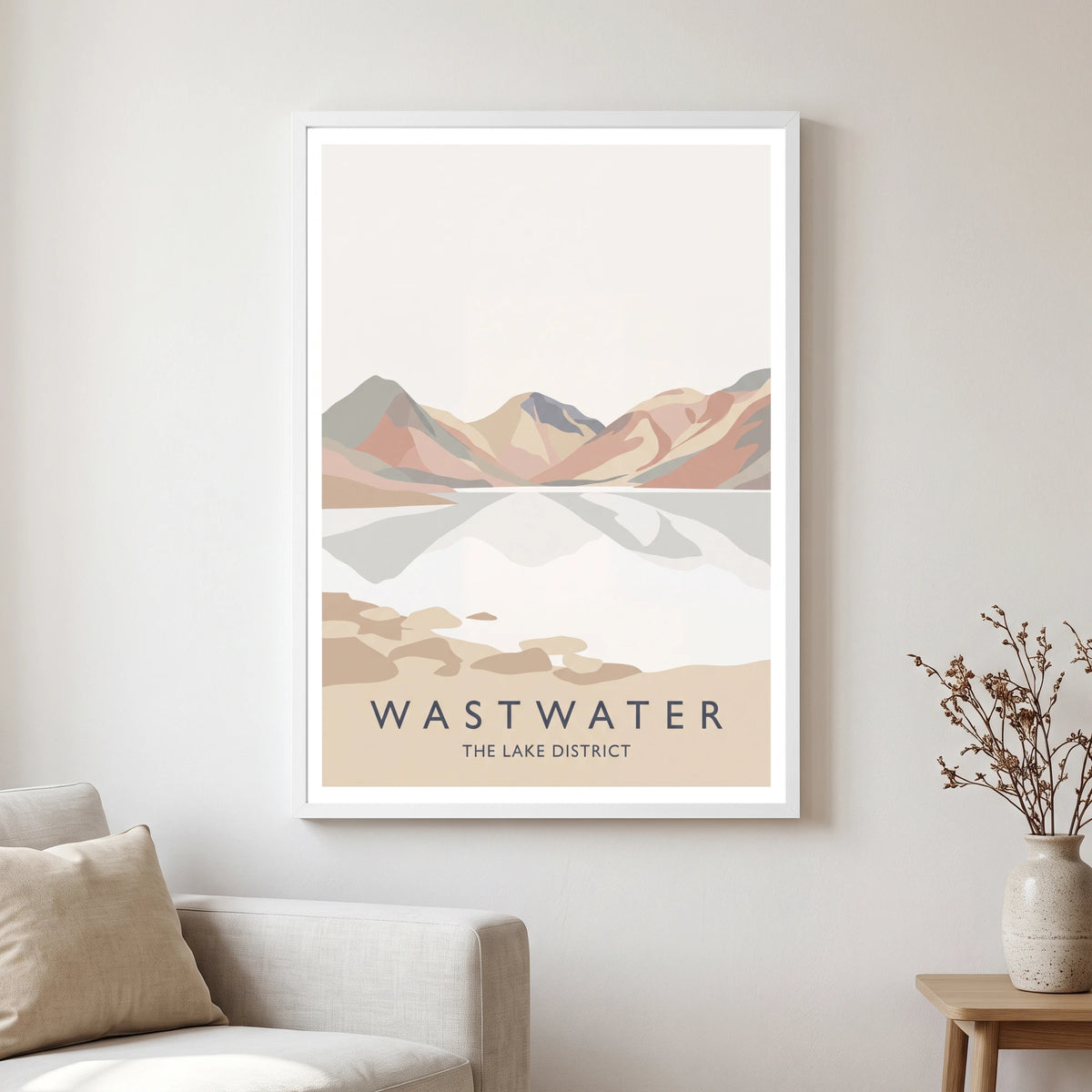 Wastwater travel poster in a white frame, hanging in a living2
