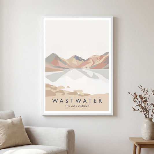 Wastwater travel poster in a white frame, hanging in a living2
