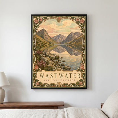 Wastwater travel poster in a black frame, hanging in a bedroom3