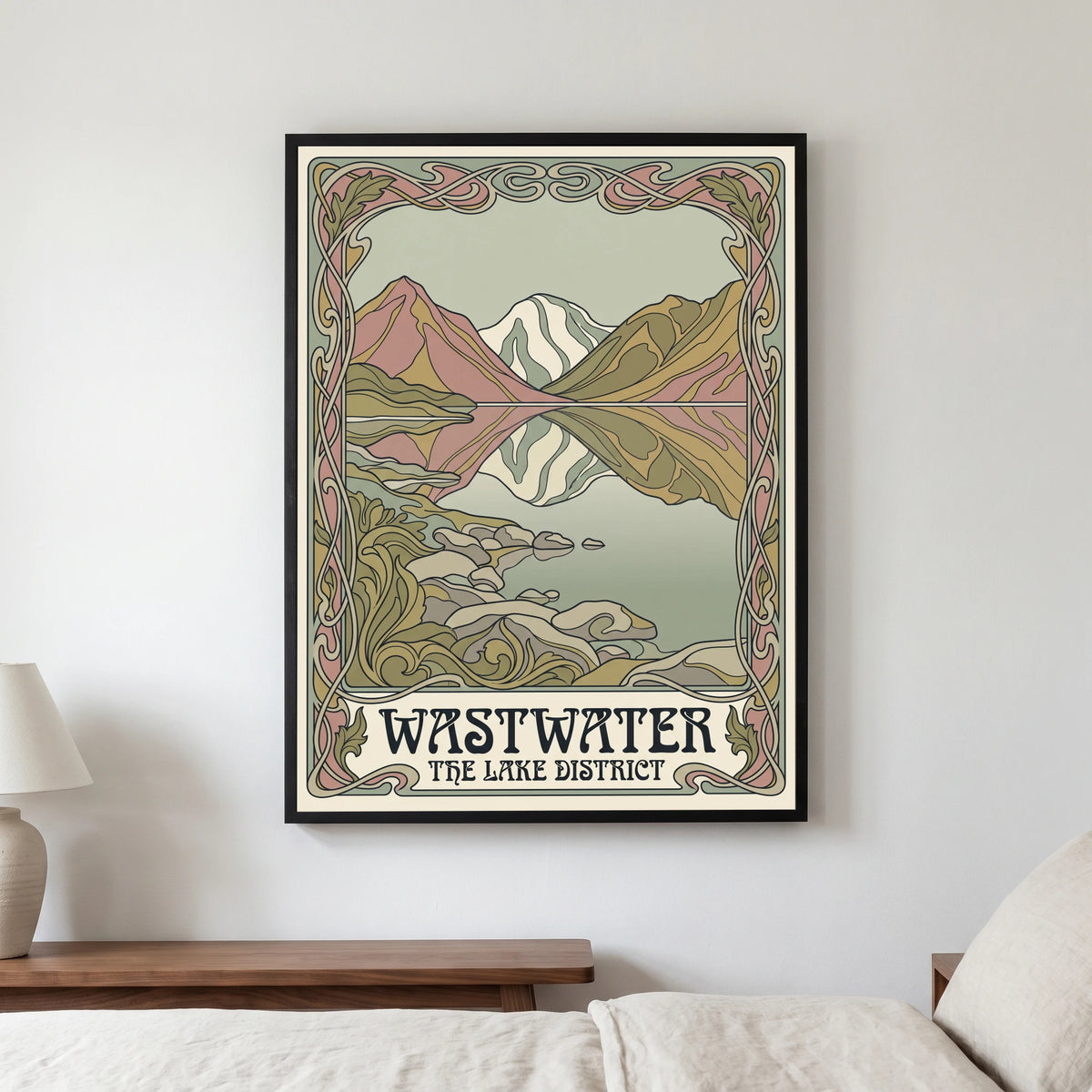 Wastwater travel poster in a black frame, hanging in a bedroom3