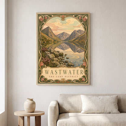 Wastwater travel poster in a natural frame, hanging in a living