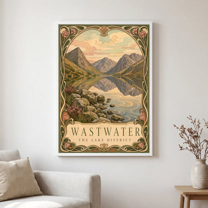 Wastwater travel poster in a white frame, hanging in a living2