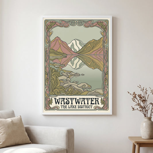 Wastwater travel poster in a white frame, hanging in a living2