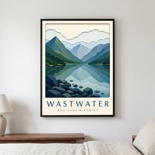 Wastwater travel poster in a black frame, hanging in a bedroom3