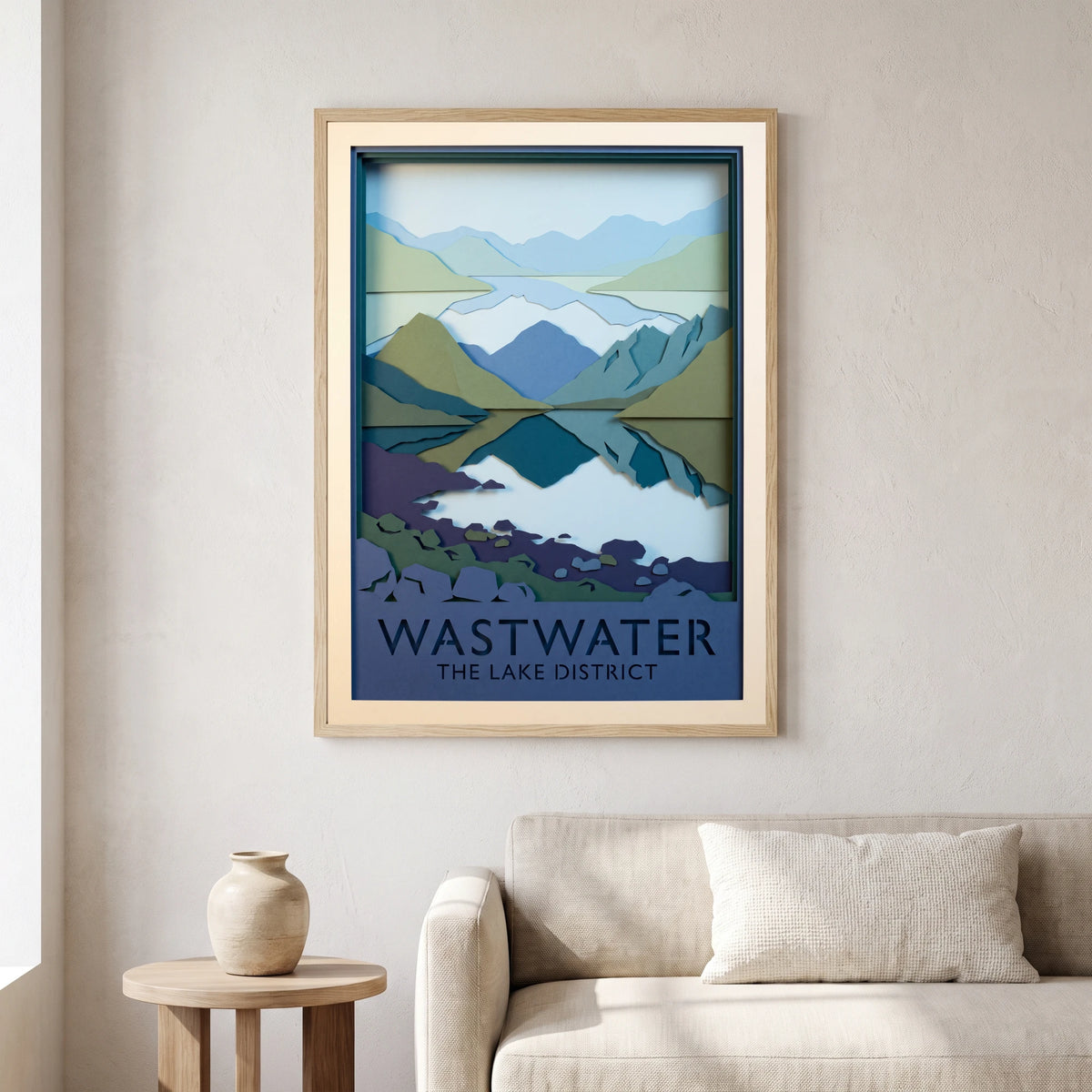 Wastwater travel poster in a natural frame, hanging in a living