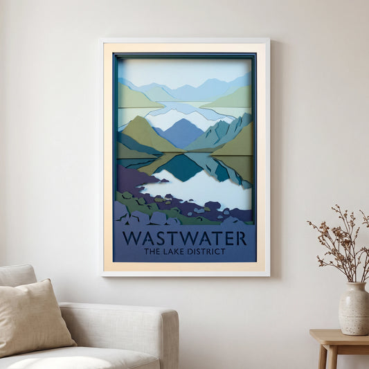 Wastwater travel poster in a white frame, hanging in a living2