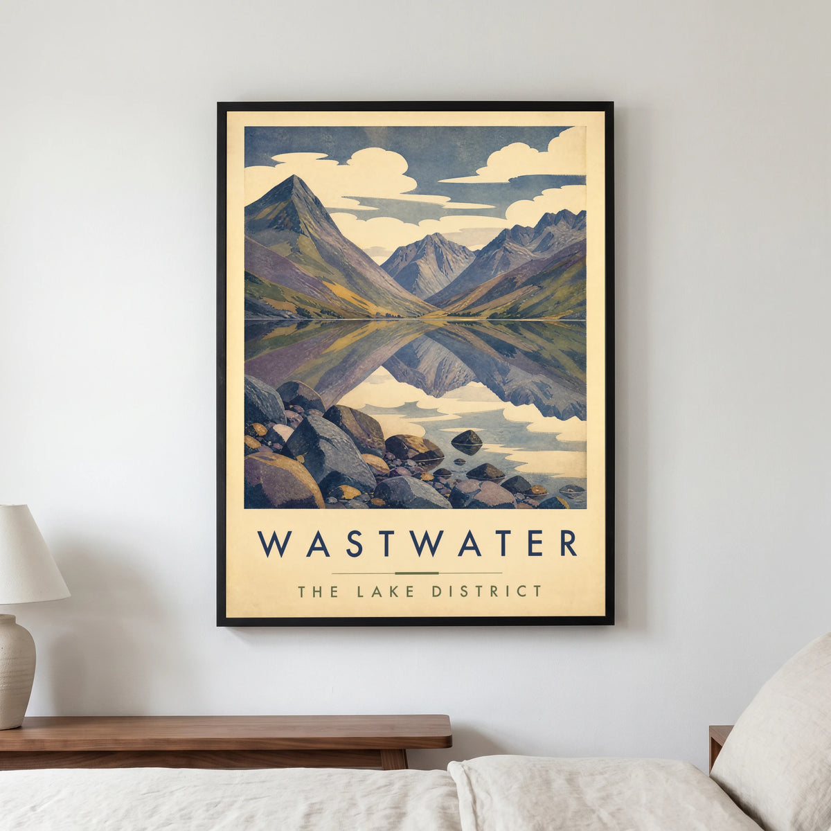 Wastwater travel poster in a black frame, hanging in a bedroom3
