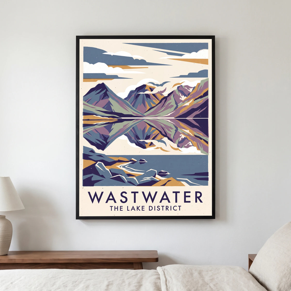 Wastwater travel poster in a black frame, hanging in a bedroom3