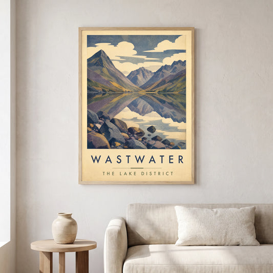 Wastwater travel poster in a natural frame, hanging in a living