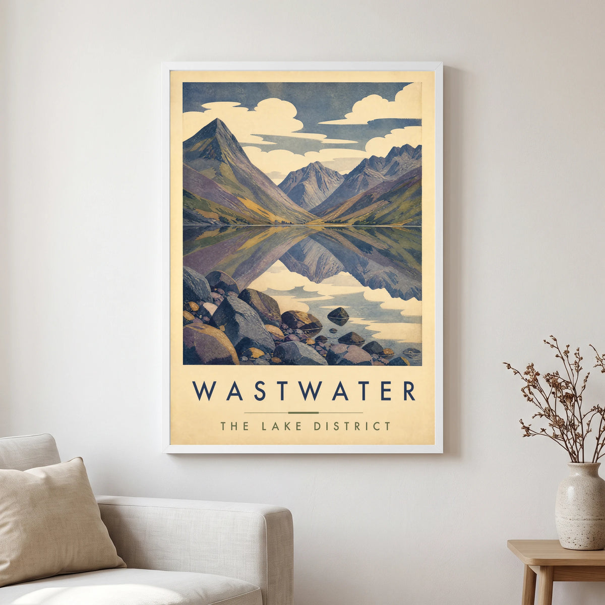 Wastwater travel poster in a white frame, hanging in a living2