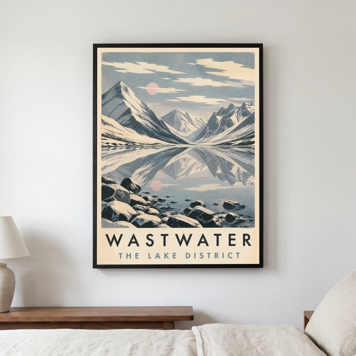 Wastwater travel poster in a black frame, hanging in a bedroom3