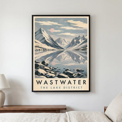 Wastwater travel poster in a black frame, hanging in a bedroom3