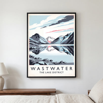Wastwater travel poster in a black frame, hanging in a bedroom3