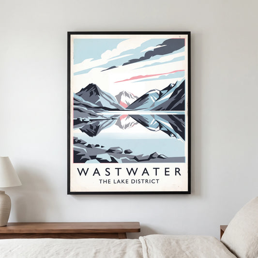 Wastwater travel poster in a black frame, hanging in a bedroom3