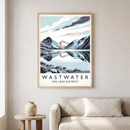 Wastwater travel poster in a natural frame, hanging in a living