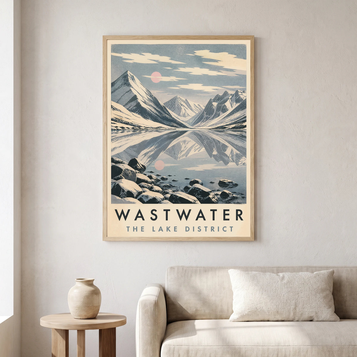 Wastwater travel poster in a natural frame, hanging in a living