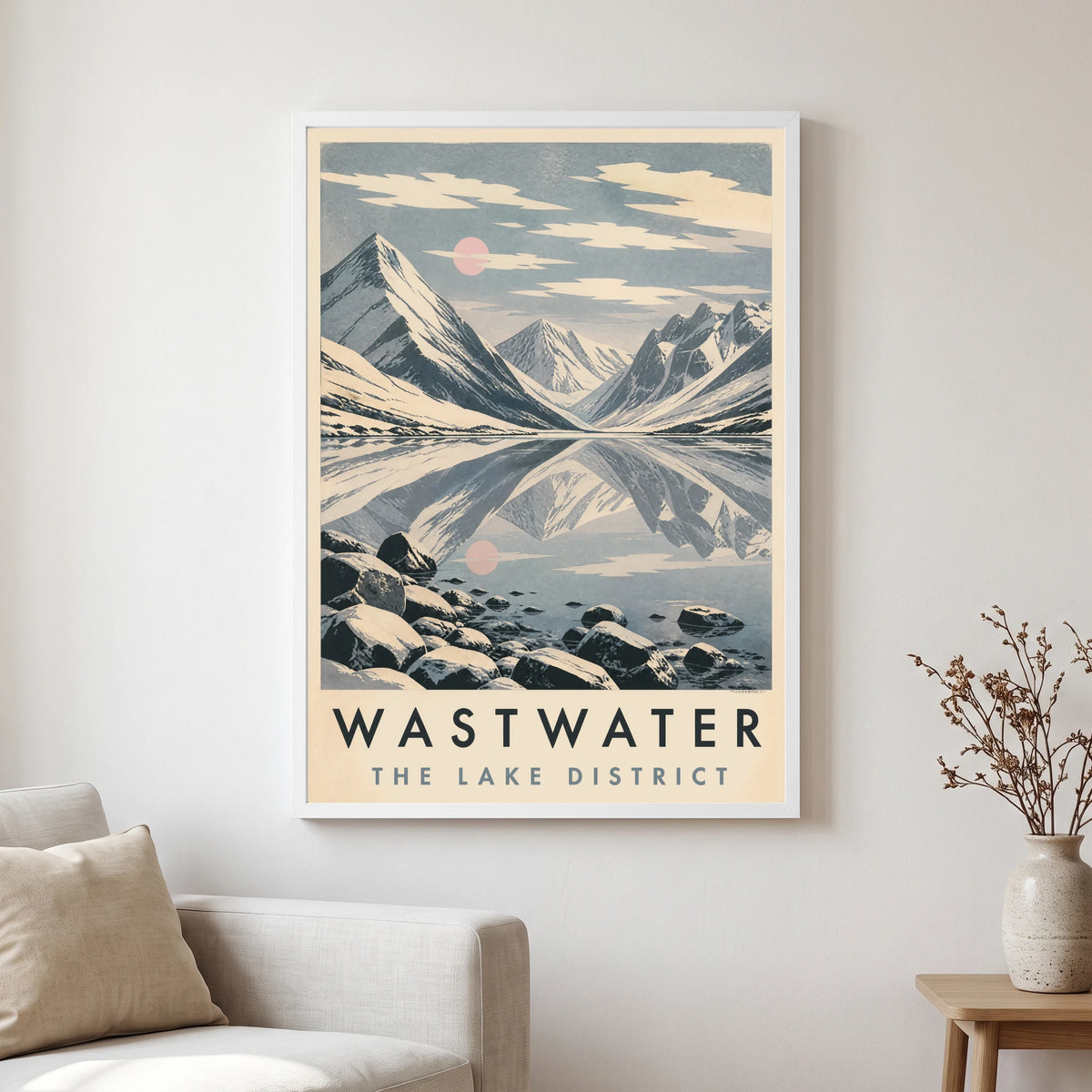 Wastwater travel poster in a white frame, hanging in a living2