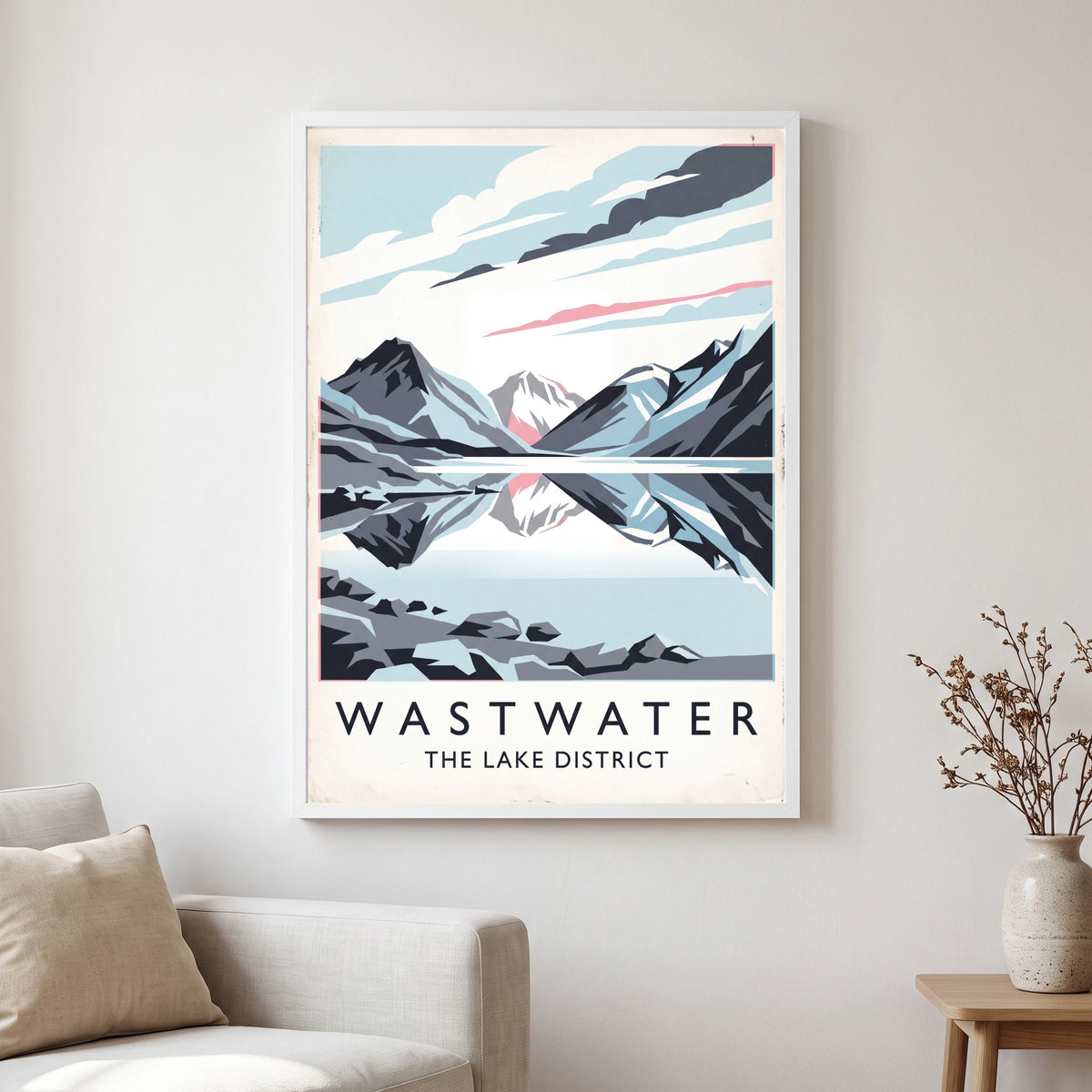 Wastwater travel poster in a white frame, hanging in a living2