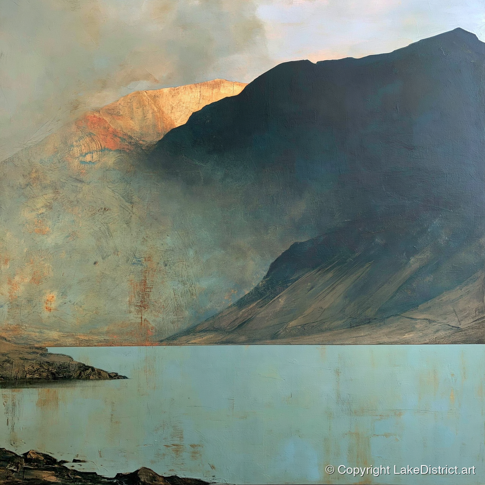 Wastwater Screes in Golden Light - lake district lake art print and canvas by Silas Thorne A.I