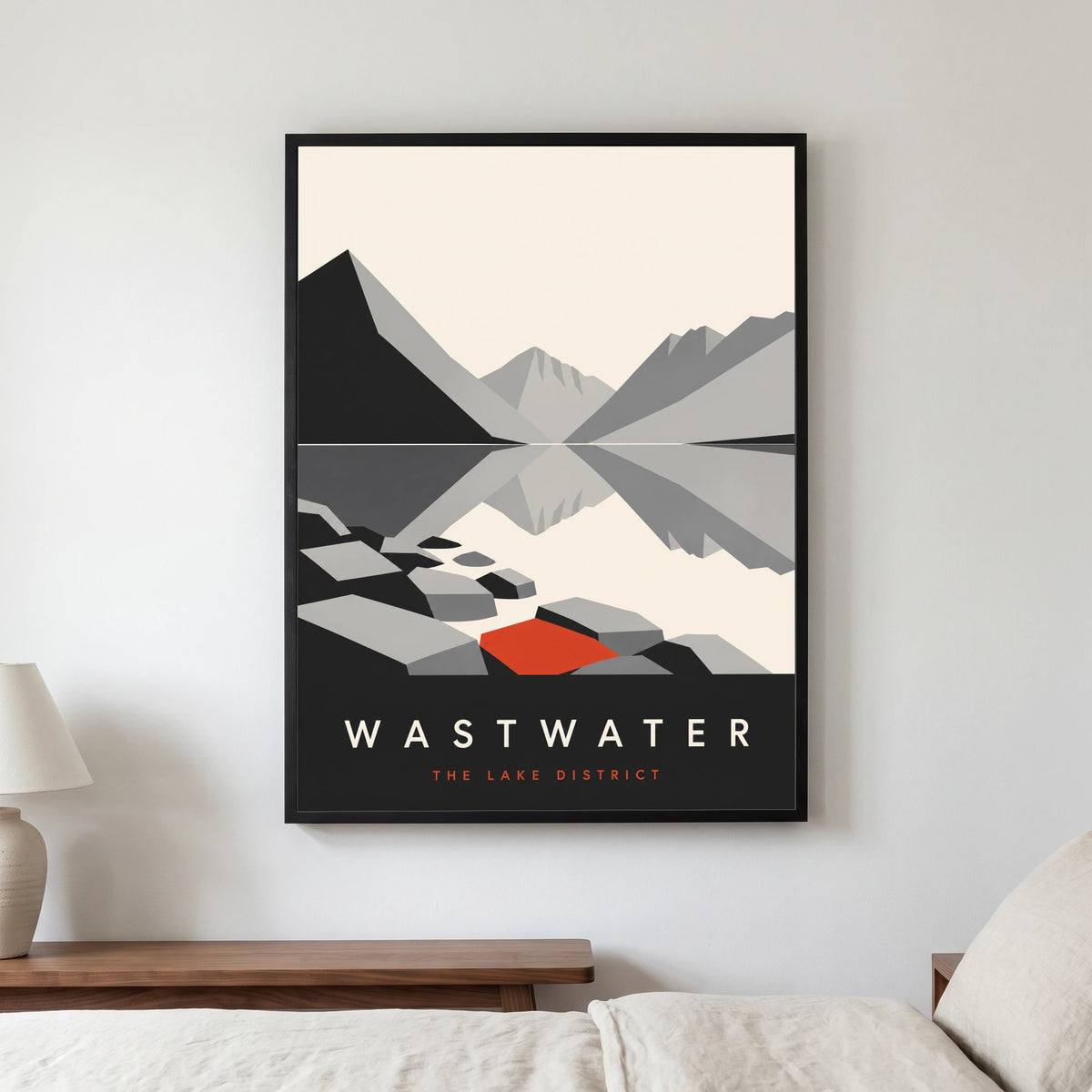 Wastwater travel poster in a black frame, hanging in a bedroom3