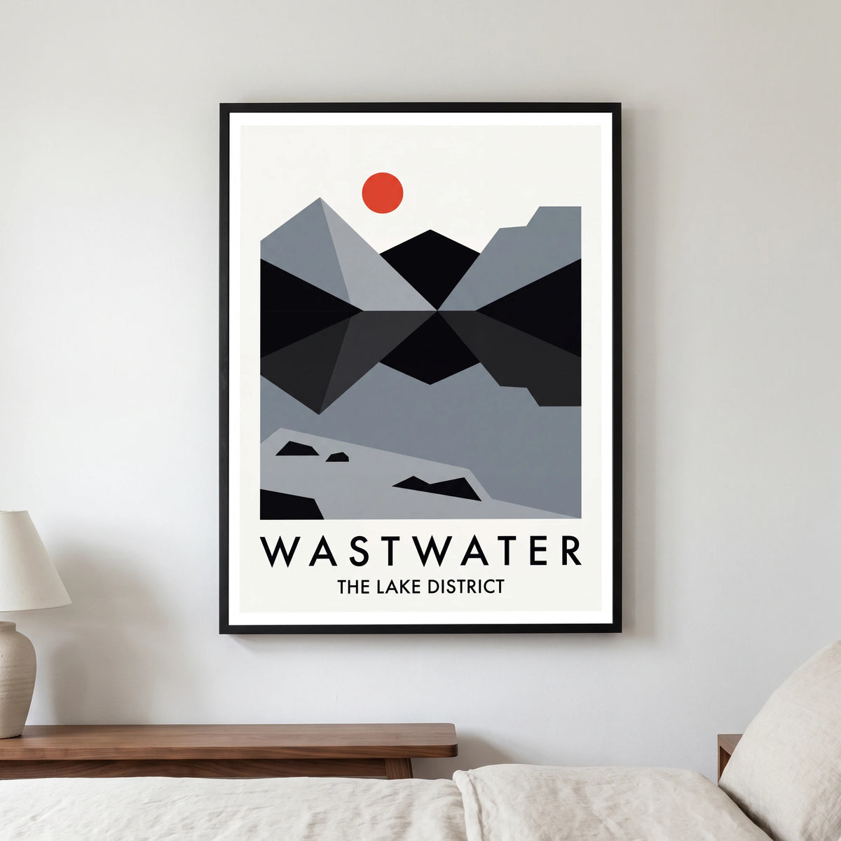 Wastwater travel poster in a black frame, hanging in a bedroom3