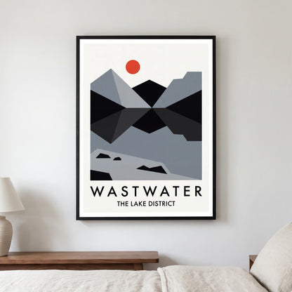 Wastwater travel poster in a black frame, hanging in a bedroom3