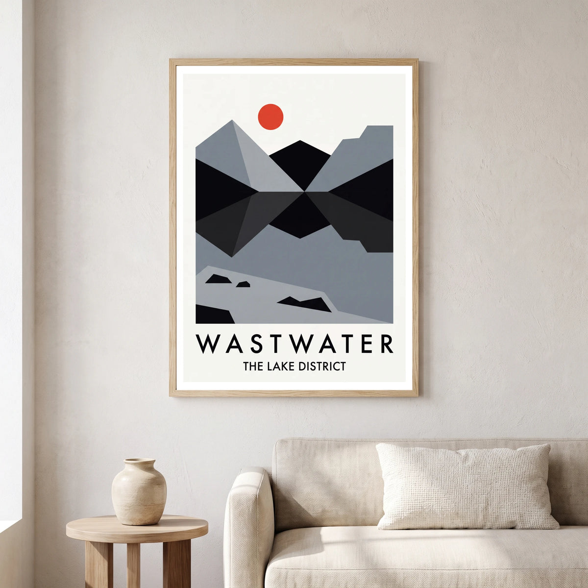 Wastwater travel poster in a natural frame, hanging in a living