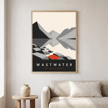 Wastwater travel poster in a natural frame, hanging in a living