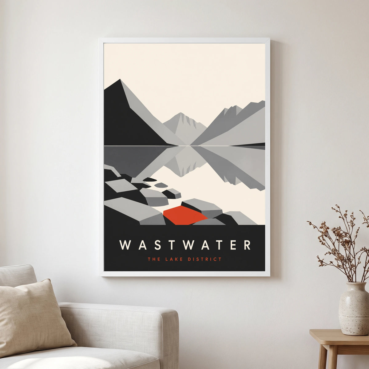Wastwater travel poster in a white frame, hanging in a living2