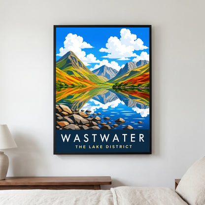 Wastwater travel poster in a black frame, hanging in a bedroom3