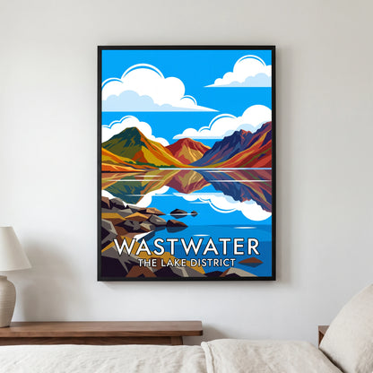 Wastwater travel poster in a black frame, hanging in a bedroom3