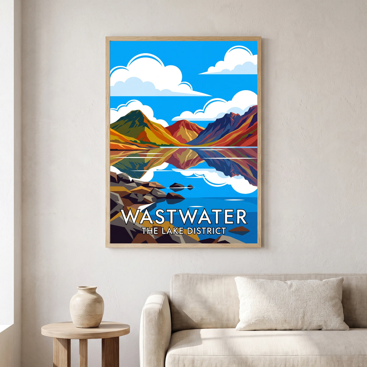 Wastwater travel poster in a natural frame, hanging in a living