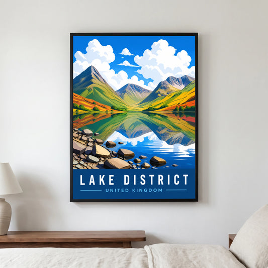 Wastwater travel poster in a black frame, hanging in a bedroom3