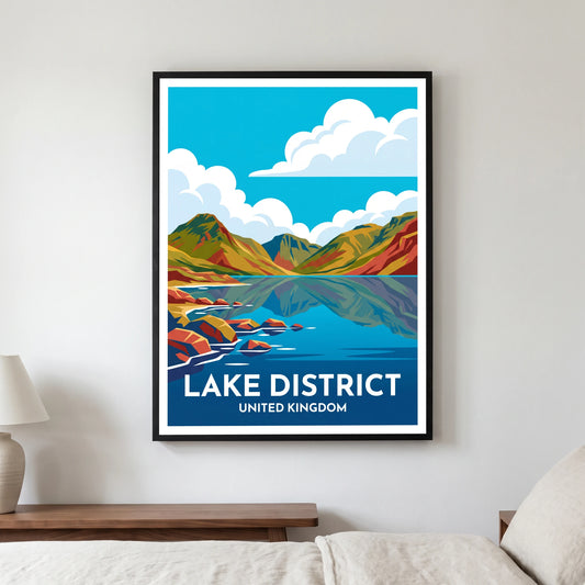 Wastwater travel poster in a black frame, hanging in a bedroom3