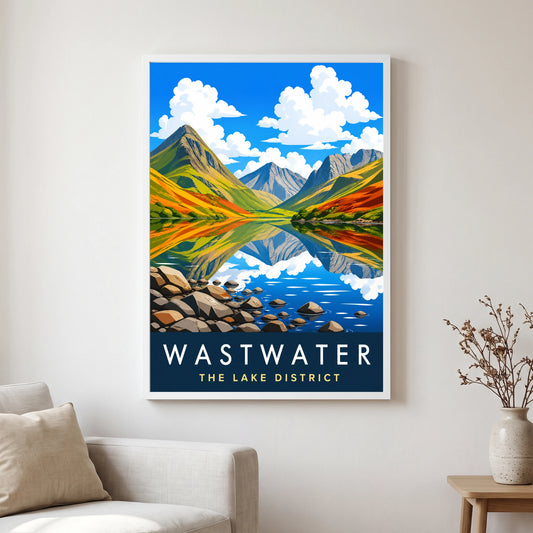 Wastwater travel poster in a white frame, hanging in a living2