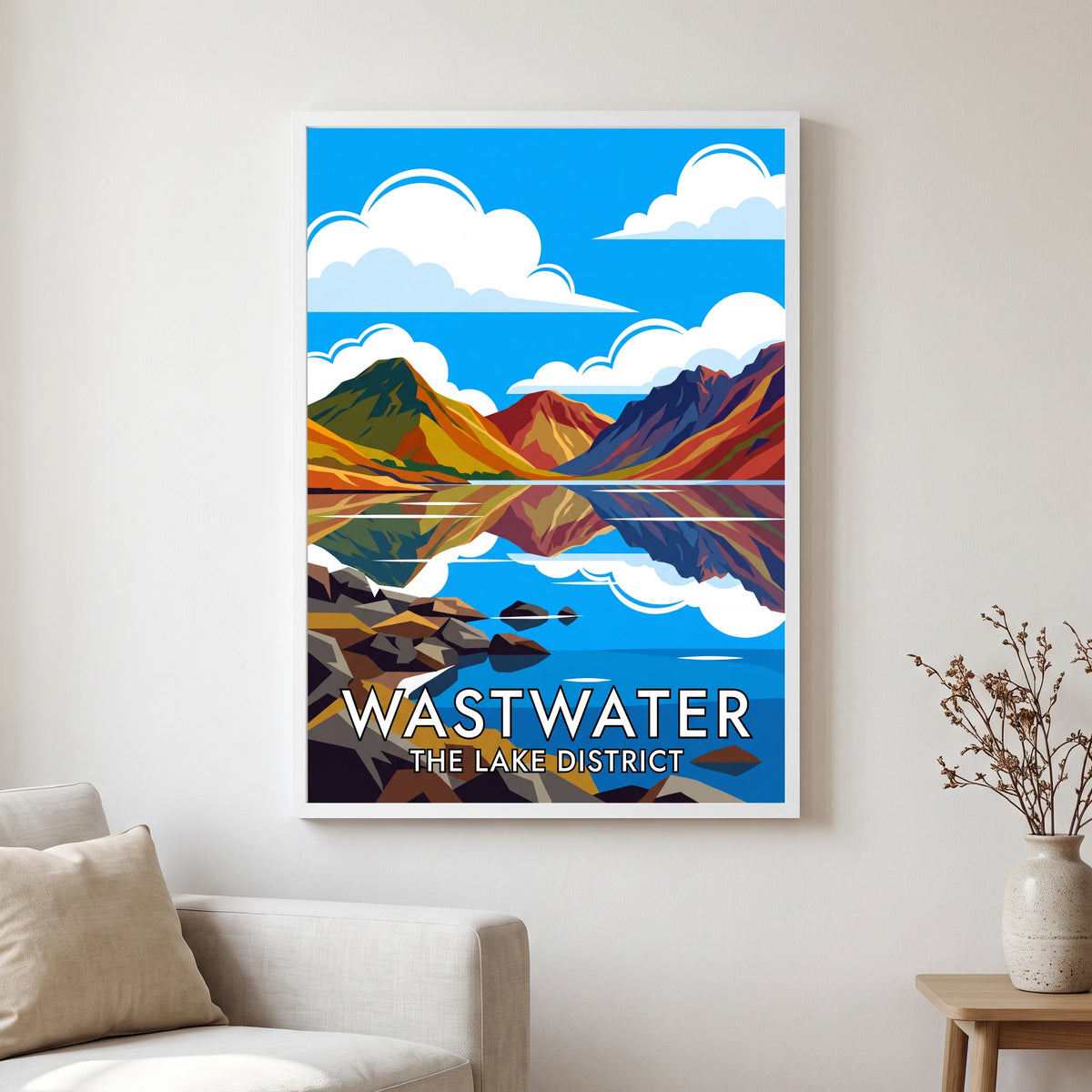 Wastwater travel poster in a white frame, hanging in a living2