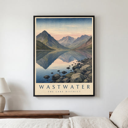 Wastwater travel poster in a black frame, hanging in a bedroom3