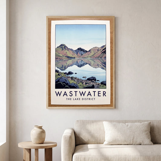Wastwater travel poster in a natural frame, hanging in a living