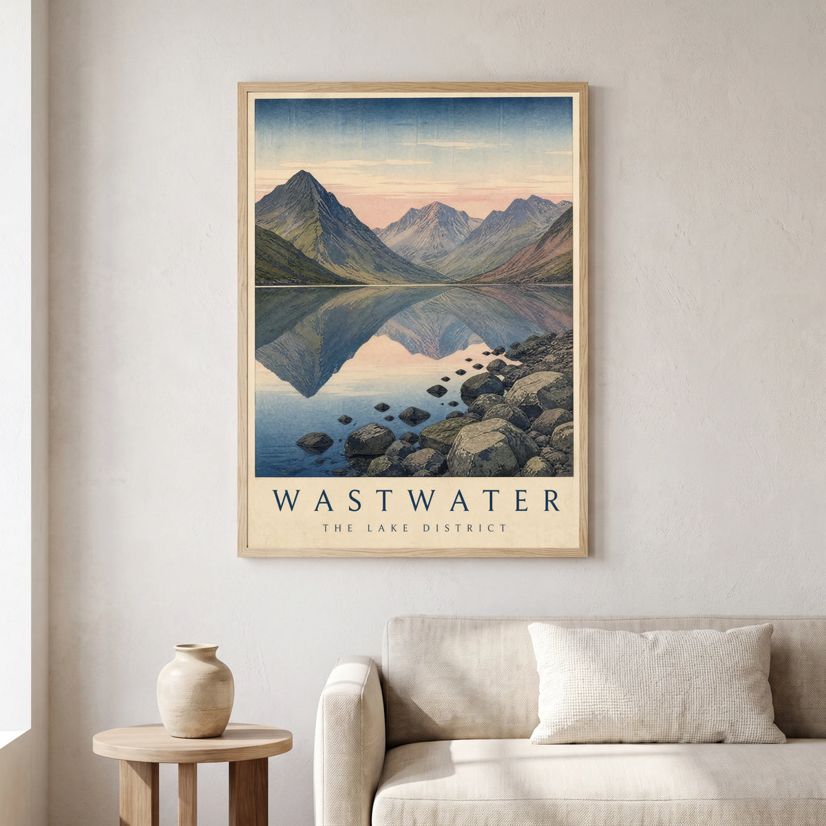 Wastwater travel poster in a natural frame, hanging in a living