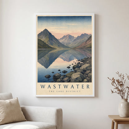 Wastwater travel poster in a white frame, hanging in a living2