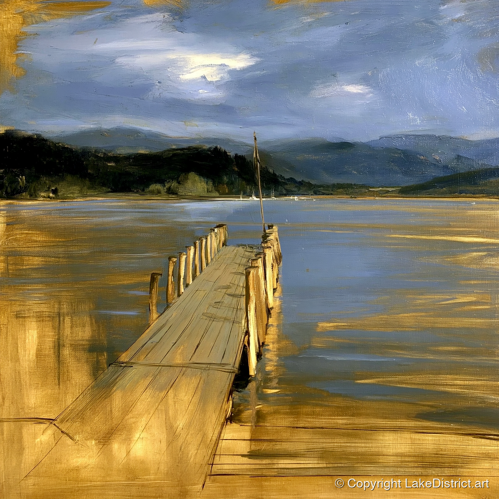 Waterhead Jetty Under Slate Skies - lake district village art print and canvas by Samuel Pembroke A.I