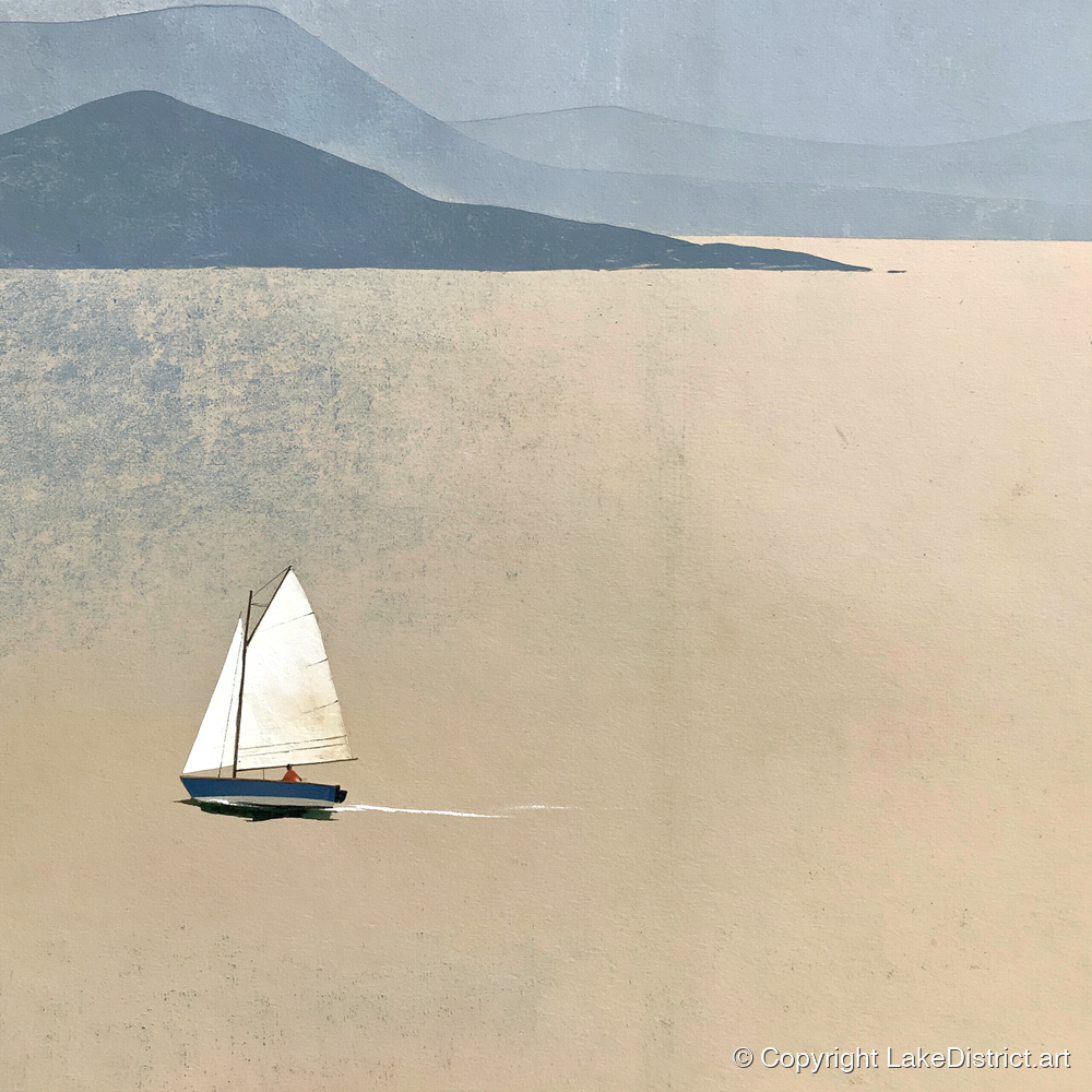 White Sail Across the Ochre Lake - lake district walking art print and canvas by Phillip Marbury A.I