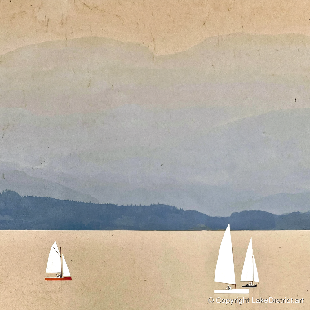 White Sails on Misty Windermere - lake district lake art print and canvas by Phillip Marbury A.I
