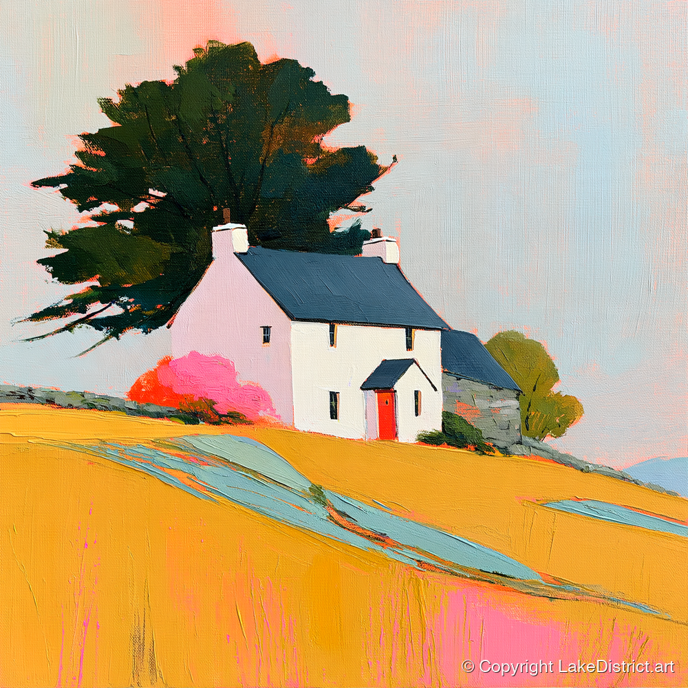 White Stone Cottage in Golden Fields - lake district village art print and canvas by Genevieve Moore A.I